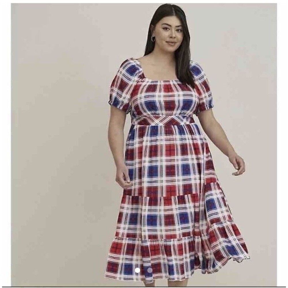 TORRID PUFF SLEEVE TIERED MAXI DRESS - CHALLIS PLAID RED &‎ BLUE size 4XL